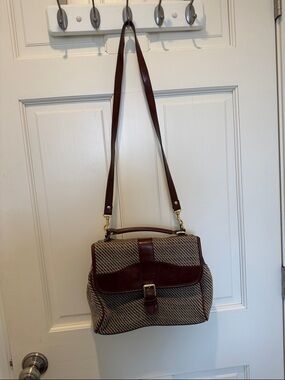 Brown Tweed Shoulder Bag with Leather Trim